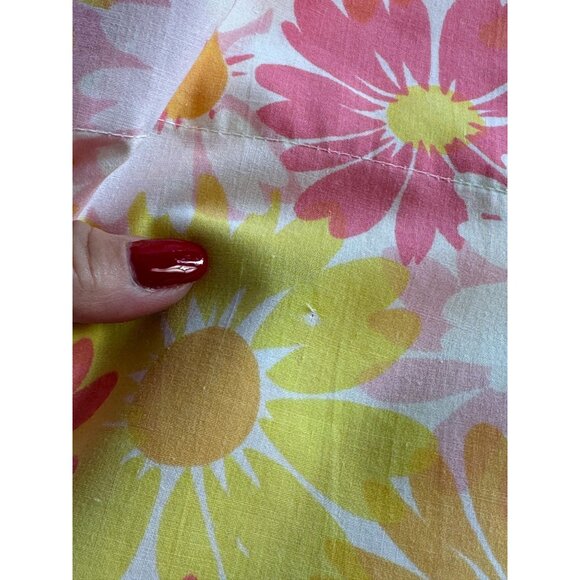 Vintage 70s flat/top bedsheet, pink orange yellow floral, twin size, Pequot - Picture 8 of 9